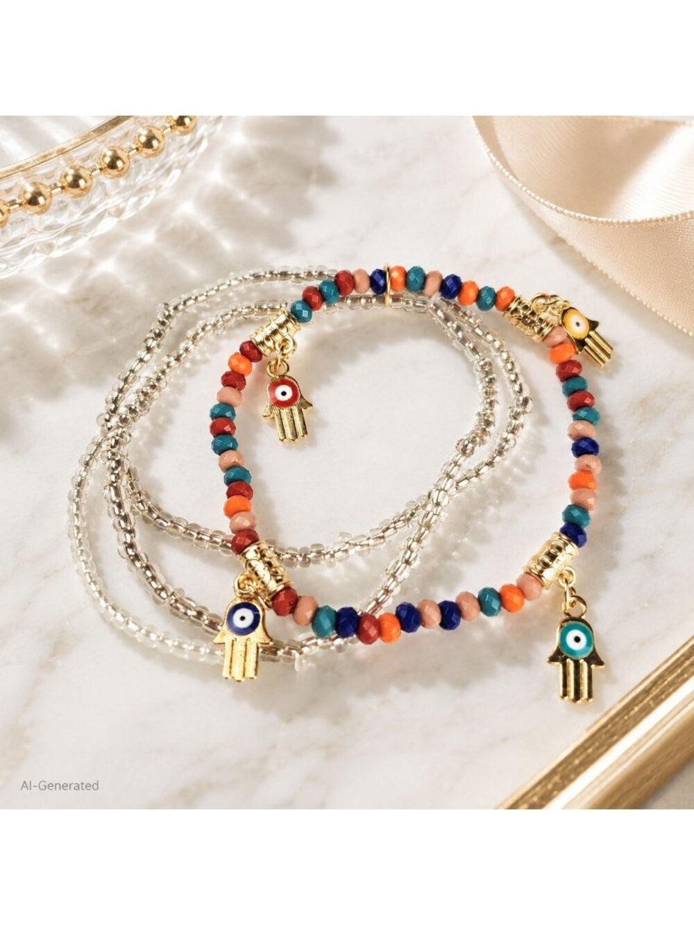 Beaded Multilayer Bracelet With Hamsa Charms And Evil Eye Accents Boho Jewelry